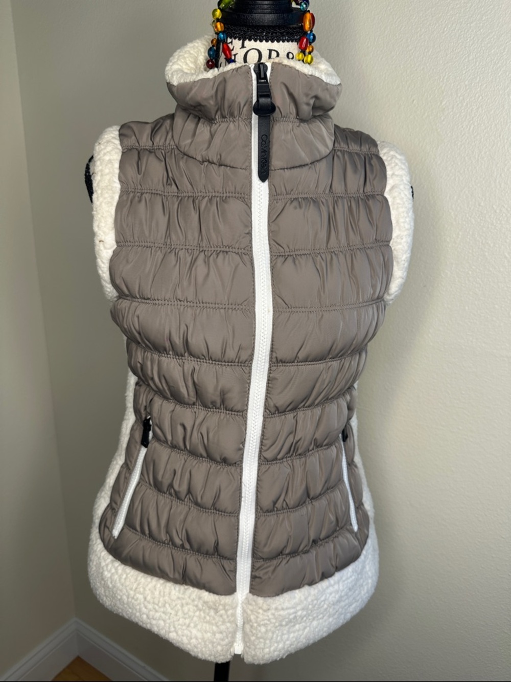 Calvin Klein Taupe Quilted Vest with White Sherpa Trim